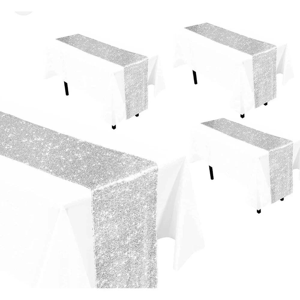 11x73 Silver Sequin Sparkly Table Runner Glitter Tablecloth Cover Wedding Party‎